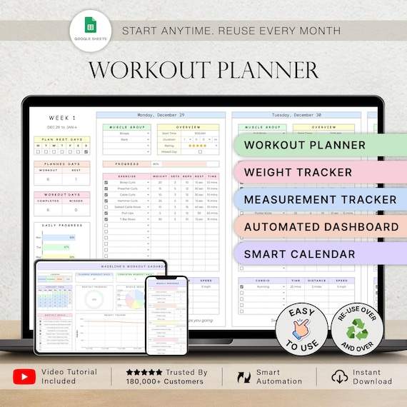 Workout Planner Weight Loss Tracker Gym Planner Fitness Plan Health Tracker Spreadsheet Exercise Tracker Weightloss Template Google Sheets