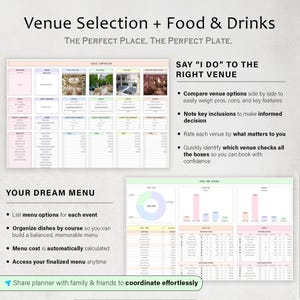 May include: A digital planner with the text "Venue Selection + Food & Drinks". The planner includes sections for venue comparison, menu planning, and a section that says "Say I Do to the Right Venue". The planner is designed to help coordinate events.