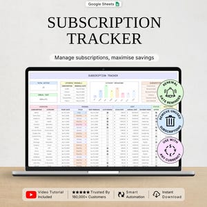 May include: A digital subscription tracker spreadsheet displayed on a laptop screen. The interface includes columns for subscription names, categories, renewal dates, and costs. Three circular icons highlight features: renewal date reminder, remove unused subscriptions, and use with any currency.