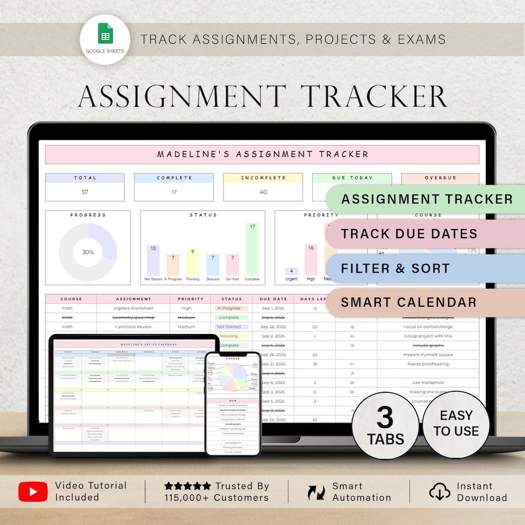 Assignment Tracker Spreadsheet Student Planner Template Academic Study ...