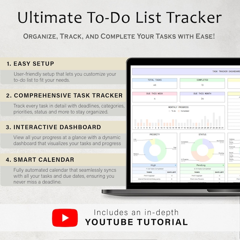 May include: A laptop screen displaying a colorful to-do list tracker with charts and graphs. The text on the screen reads "Ultimate To-Do List Tracker" and "Organize, Track, and Complete Your Tasks with Ease!" The text on the screen also includes the headings "Easy Setup", "Comprehensive Task Tracker", "Interactive Dashboard", and "Smart Calendar".