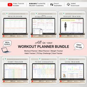 Könnte beinhalten: Ein digitales All-in-One-Trainingsplaner-Paket mit Essensplaner, Trainingsplaner, Gewichtstracker, Gewohnheitstracker, 75-Tage-Challenge und Zieltracker. Die Anzeige zeigt verschiedene Tabellenkalkulations-Schnittstellen mit Diagrammen und Daten.