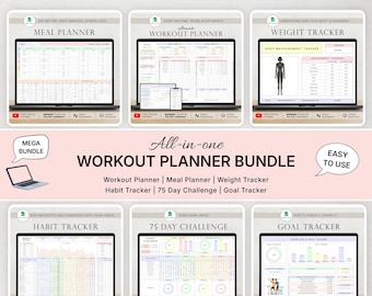 May include: A digital all-in-one workout planner bundle featuring a meal planner, workout planner, weight tracker, habit tracker, 75 day challenge, and goal tracker. The display shows various spreadsheet interfaces with charts, tables, and data fields.