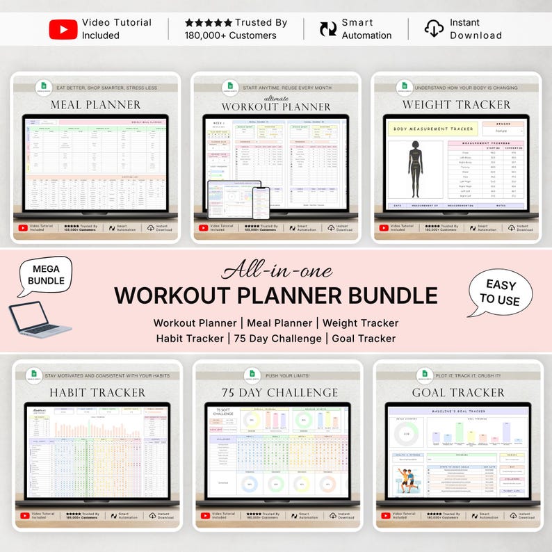 May include: A digital all-in-one workout planner bundle featuring a meal planner, workout planner, weight tracker, habit tracker, 75 day challenge, and goal tracker. The display shows various spreadsheet interfaces with charts, tables, and data fields.