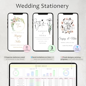 May include: Wedding stationery design options displayed on smartphones. The designs include floral and botanical elements with the text "Save the Date" and names. A stationery checklist is shown below with progress tracking and cost analysis.