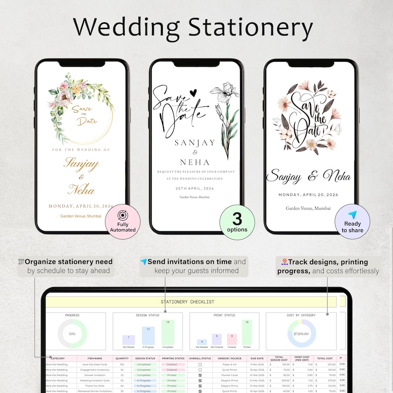 May include: Wedding stationery design options displayed on smartphones. The designs include floral and botanical elements with the text "Save the Date" and names. A stationery checklist is shown below with progress tracking and cost analysis.