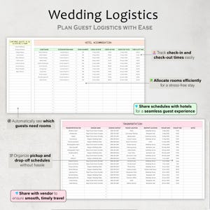 May include: A wedding logistics planner with the text "Wedding Logistics" and "Plan Guest Logistics With Ease." The planner includes sections for hotel accommodation and transportation, with features to track check-in/out times and organize schedules.
