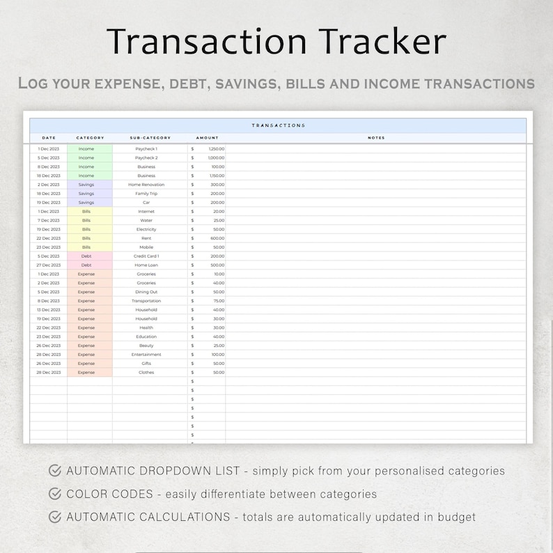 May include: A printable transaction tracker spreadsheet with columns for date, category, sub-category, amount, transactions, and notes. The spreadsheet is designed to help users track their income, expenses, debt, savings, and bills.
