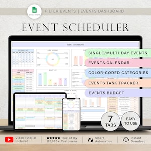 May include: A laptop, tablet, and smartphone show an event scheduler interface. The interface includes a calendar, event categories, and budget tracking. Text on the screen includes "Event Scheduler," "Single/Multi-Day Events," and "Color-Coded Categories."