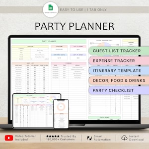 Op de afbeelding: Een laptop met een feestplanner-sjabloon met secties voor gastenlijsten, uitgaven en routes. De afbeelding bevat ook een tablet en een smartphone met dezelfde planner.