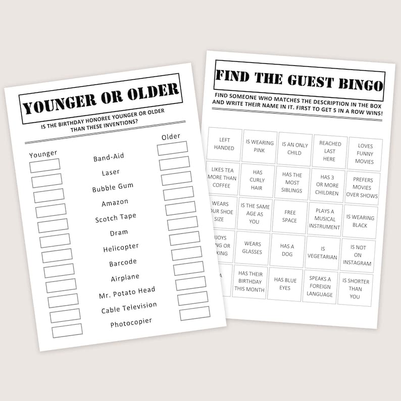 Puede incluir: Dos hojas de papel blanco para juegos de fiesta. Una hoja se titula "YOUNGER OR OLDER" con una lista de inventos. La otra hoja se titula "FIND THE GUEST BINGO" con varias descripciones. Ambas hojas son para juegos de fiesta.