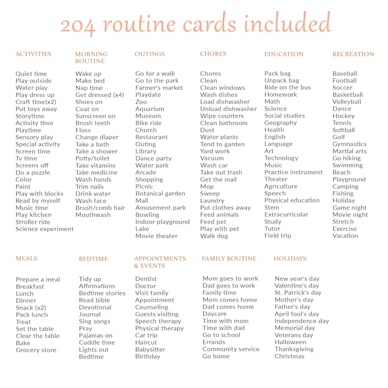May include: A chart listing 204 routine cards for children. The chart is divided into 10 categories: Activities, Morning Routine, Outings, Chores, Education, Recreation, Meals, Bedtime, Appointments & Events, Family Routine, and Holidays. Each category has a list of activities or events that can be used to create a daily or weekly routine for children.