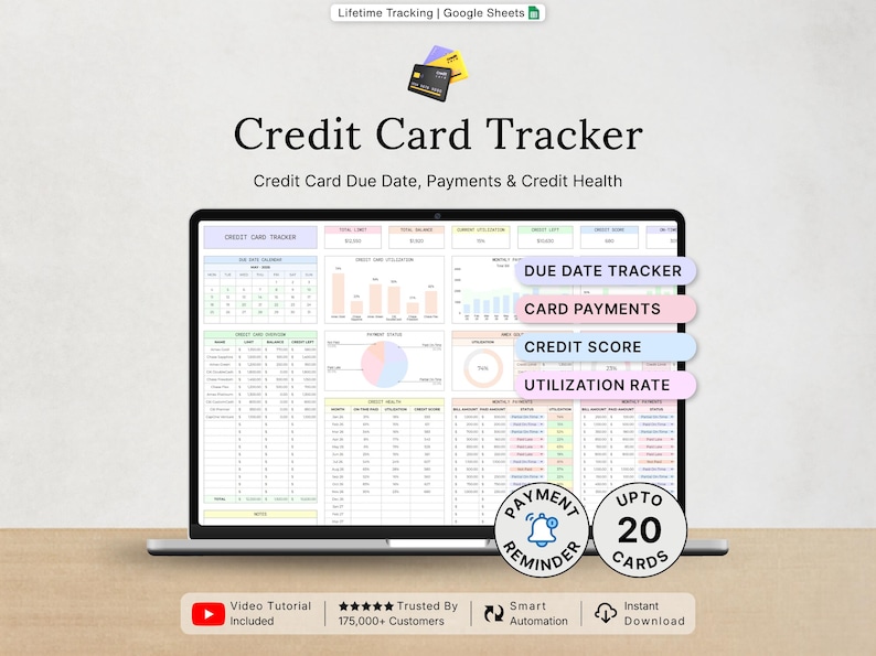 May include: A digital credit card tracker spreadsheet displayed on a laptop screen, featuring sections for due dates, payments, and credit health. The interface includes charts, tables, and labels for tracking up to 20 cards with automated payment reminders.