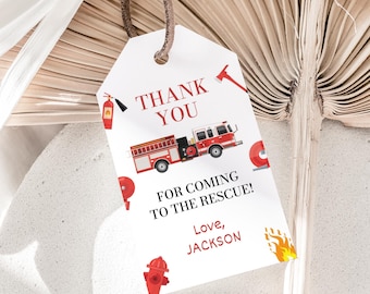 Firetruck Thank You Tags Fireman Party Favors Fire Fighter Favor Tags Sound The Alarm Gift Label Boy Birthday Favor Bag Tags EDITABLE F06