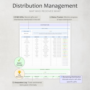 May include: A digital document titled "Distribution Management" with a detailed table. The table lists gifts, beneficiaries, notes, values, and statuses. Additional sections include "Keepsakes & Mementos" and tips for use. The document is labeled "Easy to Use."