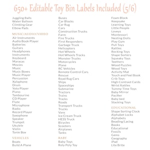 Pu&ograve; includere: Su sfondo bianco, viene presentata una lista di etichette modificabili per contenitori di giocattoli. Le categorie includono Musica/Audio/Video, Veicoli e Beb&egrave;. Il testo recita "650+ Editable Toy Bin Labels Included (5/6)".
