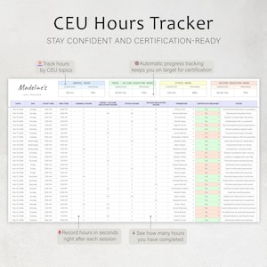 May include: A CEU Hours Tracker with the text "CEU Hours Tracker" and "Stay Confident and Certification-Ready". The tracker includes sections for General Hours, Cross-Culture Education Hours, Ethics Hours, and Suicide Education Hours. It also has a section for recording hours and tracking progress.