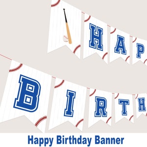 May include: Happy Birthday banner with a baseball theme. The banner is white with red stitching and blue letters. The letters spell out "Happy Birthday". There is a baseball and bat on the first flag.