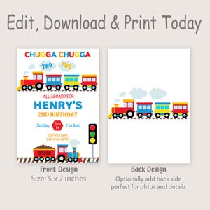 May include: A printable invitation for a 2nd birthday party with a train theme. The front of the invitation features a cartoon train with the text "Chugga Chugga" and "All Aboard for Henry's 2nd Birthday". The back of the invitation features a train with a white background.