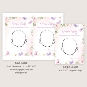 Puede incluir: Juego de baby shower imprimible con dos caras en blanco para que los invitados puedan dibujar. El juego est&aacute; decorado con mariposas y flores rosas y moradas. El texto dice "Dibuja un beb&eacute;. &iquest;Puedes dibujar c&oacute;mo ser&aacute; el beb&eacute;?" El juego est&aacute; disponible en dos tama&ntilde;os: 8,5 x 11 pulgadas para imprimir en casa y 5 x 7 pulgadas para imprentas.