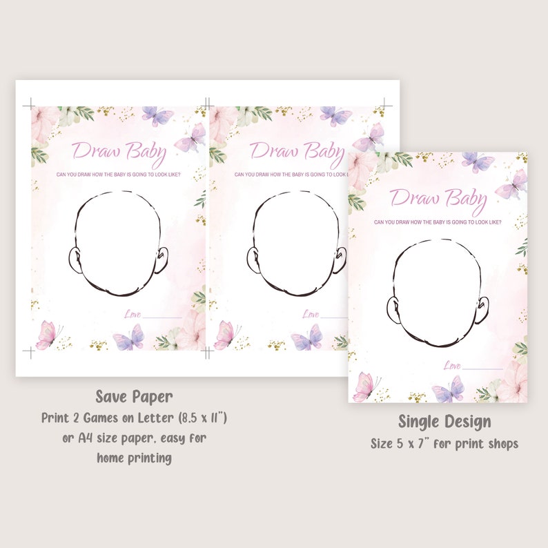 Puede incluir: Juego de baby shower imprimible con dos caras en blanco para que los invitados puedan dibujar. El juego est&aacute; decorado con mariposas y flores rosas y moradas. El texto dice "Dibuja un beb&eacute;. &iquest;Puedes dibujar c&oacute;mo ser&aacute; el beb&eacute;?" El juego est&aacute; disponible en dos tama&ntilde;os: 8,5 x 11 pulgadas para imprimir en casa y 5 x 7 pulgadas para imprentas.
