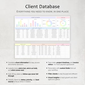 Puede incluir: Un documento digital titulado "Client Database" con el subt&iacute;tulo "Everything You Need to Know, In One Place". El documento presenta gr&aacute;ficos, tablas de datos y vi&ntilde;etas que describen sus caracter&iacute;sticas.