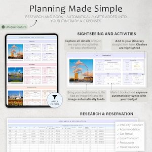 May include: A digital planning tool displayed on a tablet, featuring sections for sightseeing, activities, and research. The interface includes images and detailed information for easy itinerary planning and expense tracking. Text on the screen reads "Planning Made Simple."