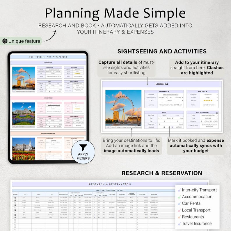 May include: A digital planning tool displayed on a tablet, featuring sections for sightseeing, activities, and research. The interface includes images and detailed information for easy itinerary planning and expense tracking. Text on the screen reads "Planning Made Simple."
