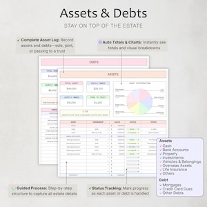 May include: A financial planning document titled "Assets & Debts" with the text "Stay on Top of the Estate." The document includes sections for assets, debts, and asset distribution, with charts and tables. The document also includes a list of assets and debts.