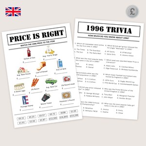 May include: Two white paper sheets with text and illustrations. One sheet is titled "PRICE IS RIGHT" and the other "1996 TRIVIA". The "PRICE IS RIGHT" sheet has illustrations of items like a gallon of gas and a new house.