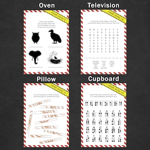 May include: Four game cards with a crime scene theme. The cards are labeled "Oven", "Television", "Pillow", and "Cupboard". Each card has a different puzzle or activity, including shadow matching, word search, jigsaw, and Braille.