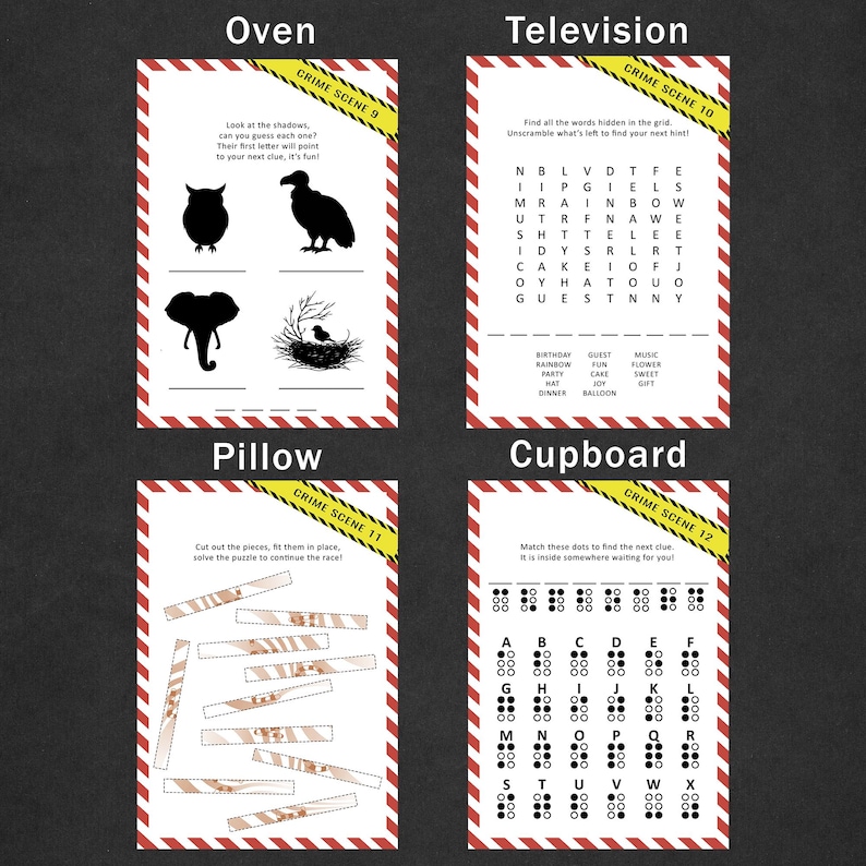 May include: Four game cards with a crime scene theme. The cards are labeled "Oven", "Television", "Pillow", and "Cupboard". Each card has a different puzzle or activity, including shadow matching, word search, jigsaw, and Braille.