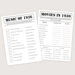 May include: Two white paper sheets with black text. One sheet is titled "MUSIC OF 1936" and lists songs and artists. The other sheet is titled "MOVIES IN 1936" and lists movies, characters, and actors. Both sheets are for a matching game.