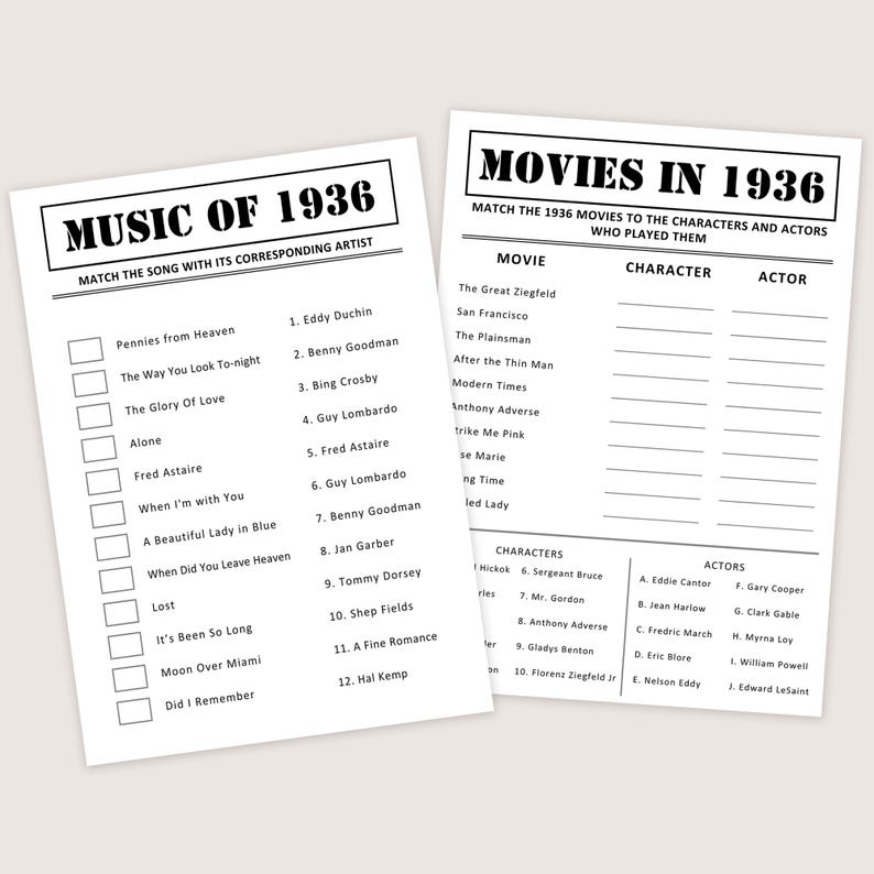 May include: Two white paper sheets with black text. One sheet is titled "MUSIC OF 1936" and lists songs and artists. The other sheet is titled "MOVIES IN 1936" and lists movies, characters, and actors. Both sheets are for a matching game.