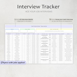 May include: An interview tracker with the title "Interview Tracker" and the tagline "ACE YOUR JOB INTERVIEWS". The tracker includes sections for interview details, with the text "Keep all interview details organized in one place".