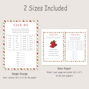 May include: A printable Christmas scavenger hunt game with two sizes included. The game features a red and white striped background with a red and green border. The game includes a code-cracking activity with a grid of letters and numbers. The game also includes a clue with a riddle about bells.