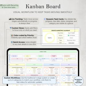 May include: A digital Kanban board interface with a clean, modern design. The interface displays task cards, progress indicators, and color-coded priorities. Text includes "Kanban Board" and features like "Live Tracking" and "Custom Workflows."
