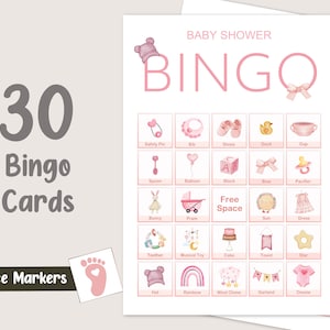 ピンクのベビーシャワービンゴゲーム 30枚のカード 女の子のベビーシャワーパーティーゲーム ベビーシャワーアクティビティ カップルシャワービンゴカード 女の子の赤ちゃん 印刷可能 デジタル