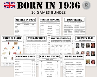 90-årsfestlek UK-paket Brittiska 90-årsfestlek 1936 Trivia Född 1936 90 år Män Kvinnor Honom Hennes Pund UTSKRIVBAR Digital