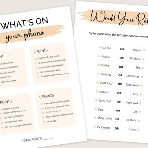 May include: A printable game with the title "What's on your phone?" and "Would You Rather?" with a list of questions to ask a birthday honoree. The game is designed to be played at a birthday party.