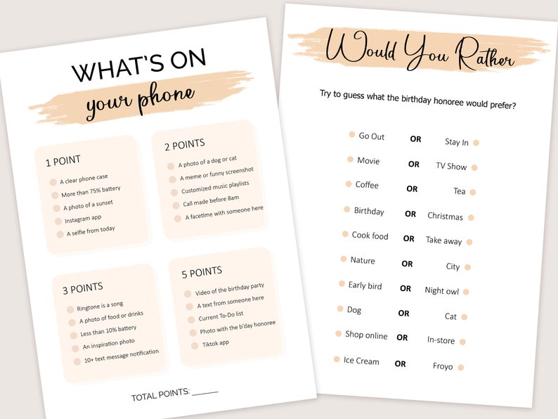 May include: A printable game with the title "What's on your phone?" and "Would You Rather?" with a list of questions to ask a birthday honoree. The game is designed to be played at a birthday party.