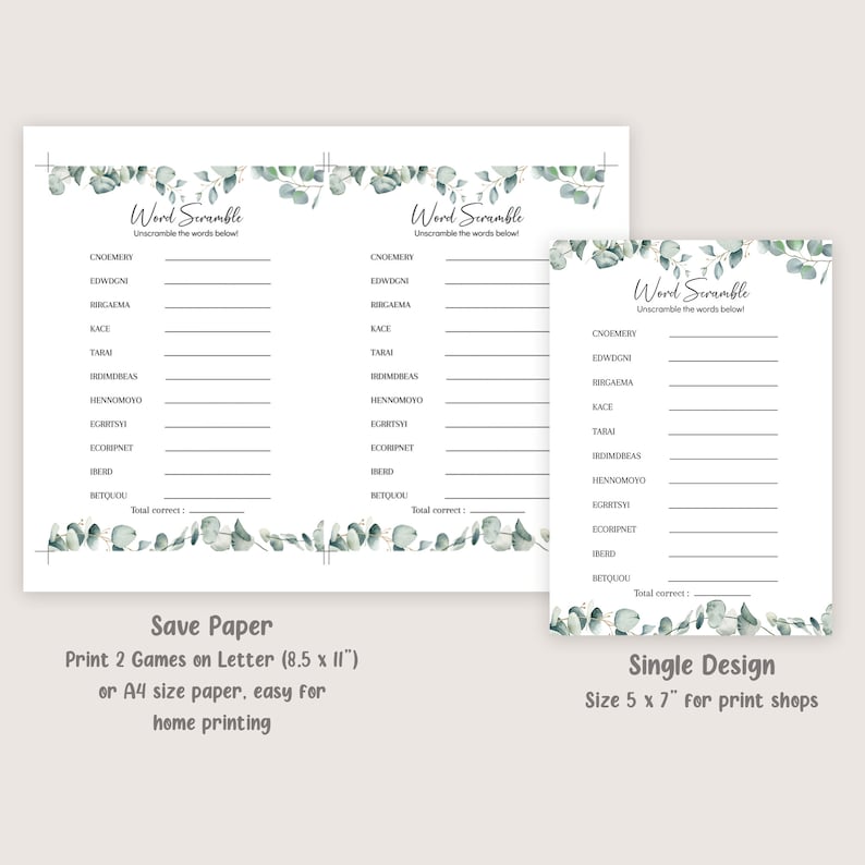 May include: Two printable word scramble game cards with a eucalyptus leaf design. Each card has a list of words to unscramble. The text on the card reads "Word Scramble" and "Unscramble the words below!"