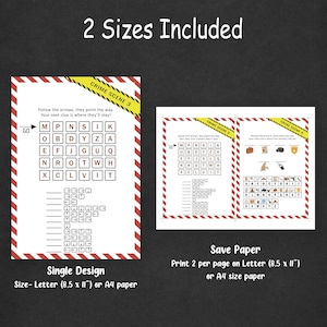 May include: Two printable crime scene puzzles with red and white striped borders and yellow caution tape accents. One puzzle is a word search, the other is a picture puzzle. Text includes "2 Sizes Included" and "Crime Scene 3 & 4".