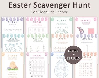 Ostereiersuche Ostern Schnitzeljagd für ältere Kinder Osterhasensuche Hinweise Ostern Korb Schatzsuche Indoor Escape Room Spiel PRINTABLE