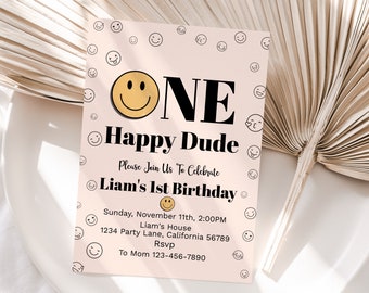 One Happy Dude Birthday Invitation First Birthday Invitation Retro Smiley Face Party Invite 1st Birthday Theme EDITABLE Digital Instant O04