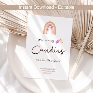 Guess How Many Candies In The Jar Guessing Game Sign Candy Game Guess Candies Number Baby Shower Game Babyshower Games Rainbow Boho EDITABLE