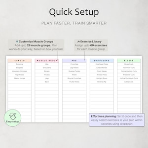 May include: A white fitness planner with sections for cardio, muscle groups, abs, shoulders, and biceps. The planner includes exercise lists and the text "Quick Setup" and "Plan Faster, Train Smarter."