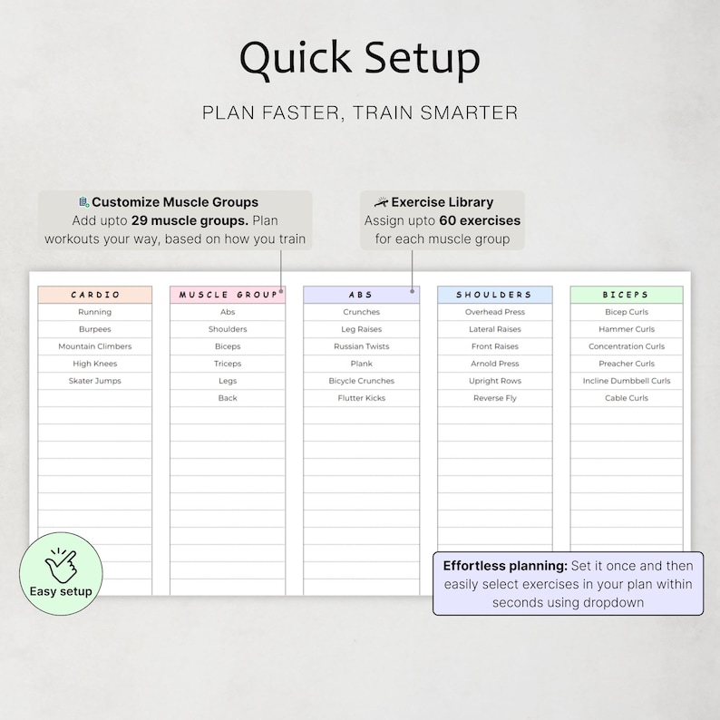 May include: A white fitness planner with sections for cardio, muscle groups, abs, shoulders, and biceps. The planner includes exercise lists and the text "Quick Setup" and "Plan Faster, Train Smarter."