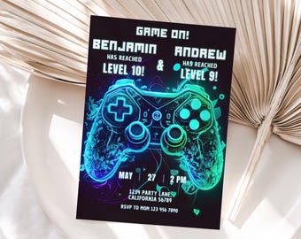 Invitation d'anniversaire commune de jeu vidéo, invitation de frères et sœurs de camion de jeu, invitation de double fête pour Gamer, jeux d'arcade, niveau supérieur pour les garçons, modifiable V01