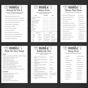 May include: A printable Bible trivia game with six different categories: Minute to Win It, Movie Trivia, Name That Verse, Plate On Your Head, Riddle Me This, and Song Trivia. Each category has a list of questions or tasks related to the Bible.